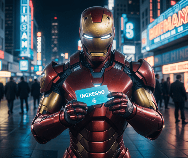 Homem de Ferro segurando ingresso do Cine Gracher